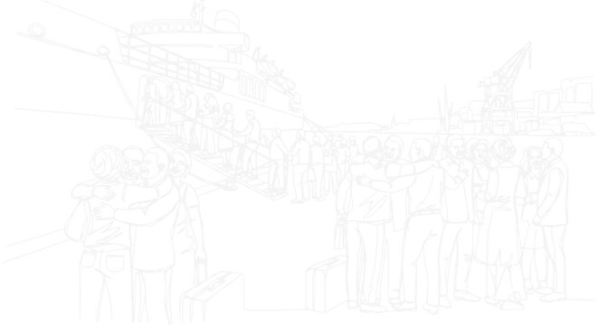 People hugging, embarking on a large ship, travel concept illustration