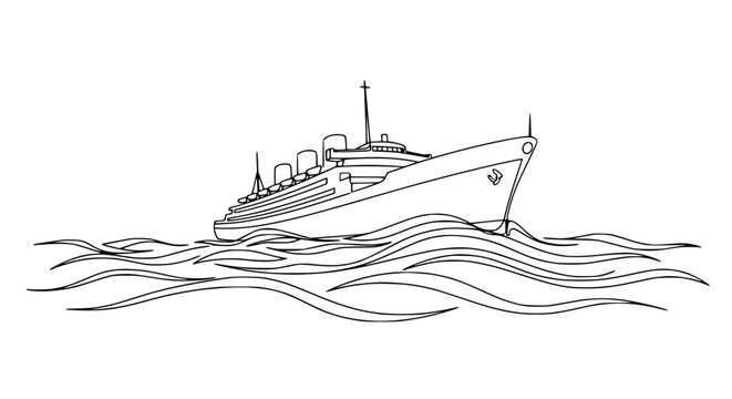 Elegant Ocean Liner Sailing on Wavy Sea, Line Art Illustration