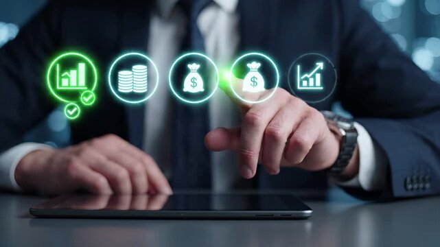 Businessman touching virtual interface with financial icons on tablet. Business growth, investment, profit, and revenue analytics. Digital banking, money management, and corporate finance strategy