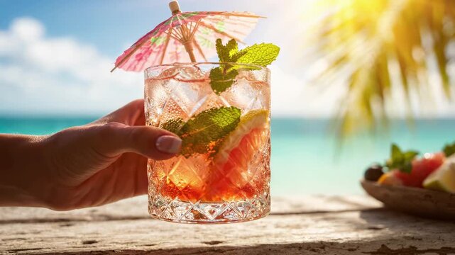 Refreshing tropical cocktail with mint, grapefruit slice and decorative umbrella held by a hand on a sunny beach. Exotic summer drink with ice on a wooden table near palm trees and ocean.