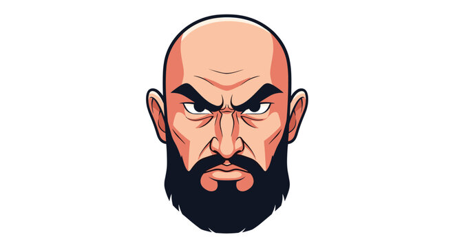 Portrait illustration of a bald man with a thick black beard and an intense focused facial expression representing strength and character.