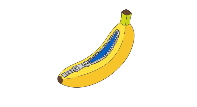 Bright yellow banana with blue zipper graphic design.