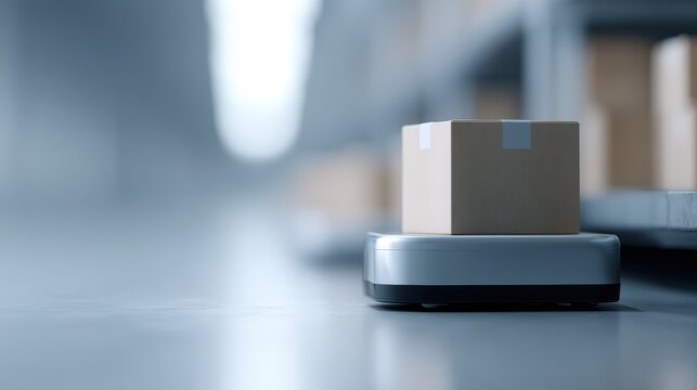 autonomous mobile robot carrying packages along warehouse aisle logistics automation concept