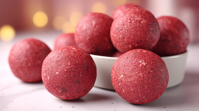 Close up of several red beetroot energy balls in a white bowl on a light surface