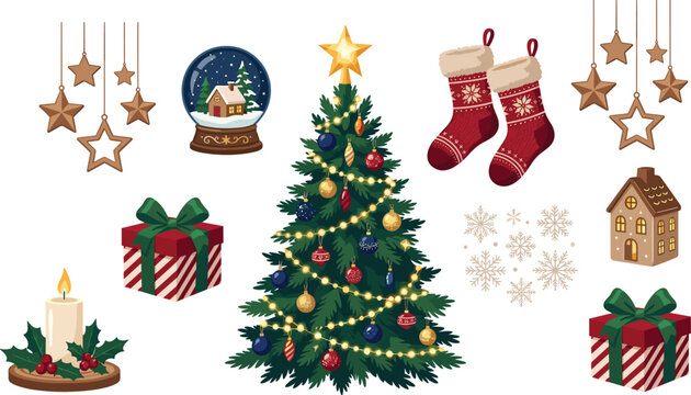 Decorated Christmas Tree and Winter Holiday Celebration Vector Illustration Set with Gift Boxes Snow Globe Hanging Stars Stockings and Candles