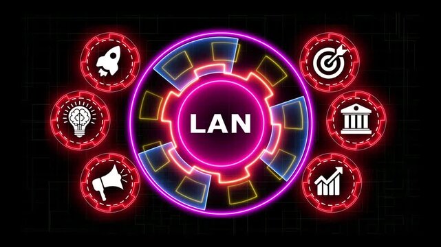 Dynamic business network concept with neon circles and icons motion graphic.
