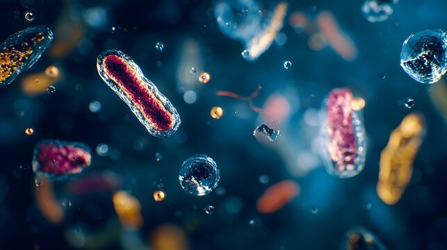 Bacteria diversity under microscopic magnification background, dangerous microorganism strain for medical health, prokaryotic cells.
