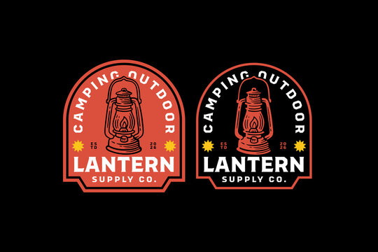 Camping lantern retro badge logo design set for adventure. Hurricane lantern vintage patch symbol graphic pack for outdoor. Portable oil lamp rustic emblem element designs for camping and survival