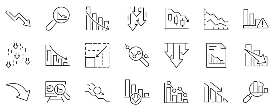 Financial crisis line icons, 21 business recession and market crash symbols, economic downturn and falling stock chart vector set