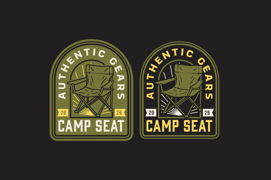 Camping seat retro badge logo design set for adventure. Folding camp chair vintage patch symbol pack for hiking and camping. Portable outdoor chair rustic emblem element designs for wilderness gear