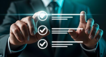 Obraz premium Businessman interacting with futuristic technology checklist interface for verification and approval