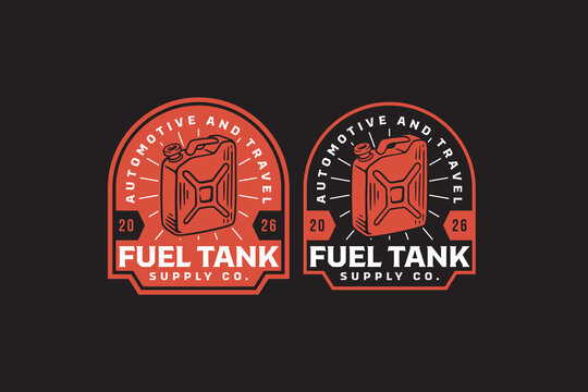 Fuel tank jerry can retro badge logo design set for automotive. Gasoline container vintage patch symbol pack for expedition. Portable fuel canister rustic emblem element designs for transport