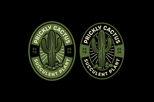 Prickly cactus retro badge logo design set for landscape. Succulent plant vintage patch symbol pack for nature. Saguaro desert cactus rustic emblem element designs for outdoor and ecology