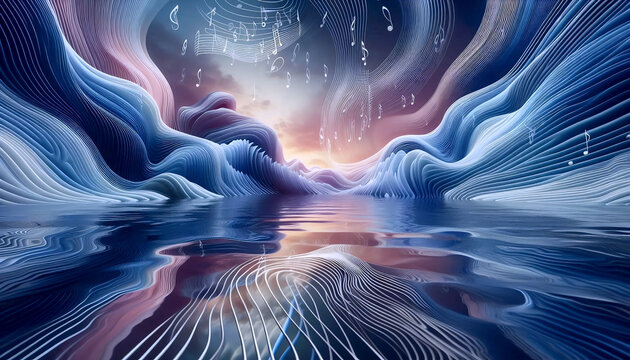 Parallel undulating lines suggesting both water waves and sound waves, connecting the visual rhythm of water to the audible rhythm of music, minimalist synesthesia, Ai generated image
