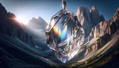 Fototapeta premium A single perfectly cut crystal prism hanging from a thin silver chain, catching pure mountain light and casting tiny rainbows across smooth grey stone, Ai generated image