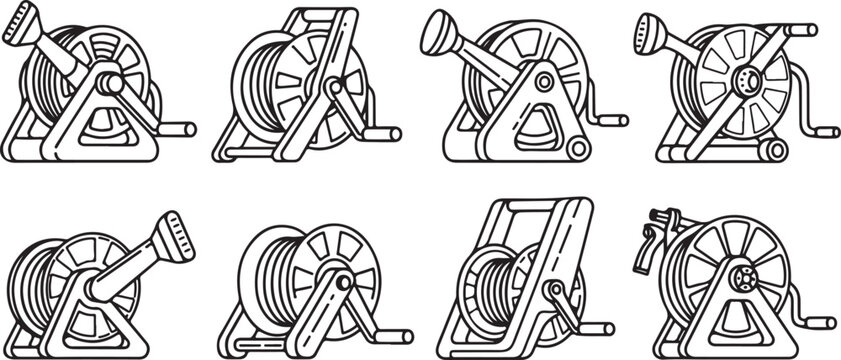 set of Various types of winches and cable reels in technical line art style