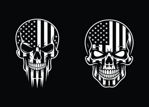 American flag skull illustration detailed monochrome vector graphic on a black background patriotic stars.