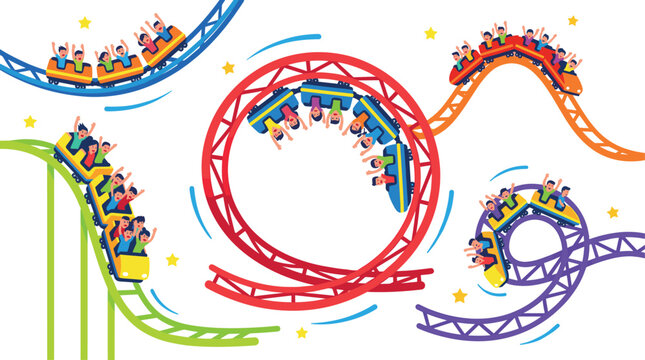 Amusement Park Roller Coaster Vector Graphic Set with Excited People Riding Trains on Colorful Loops Drops and Twisting Tracks