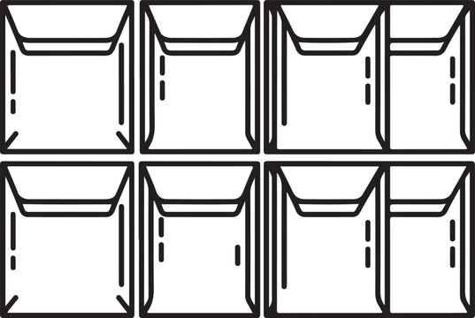set of Six empty mailbox slots in a row on a wooden panel