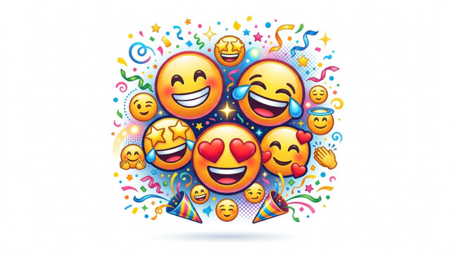 Emotions are expressed through various emojis surrounded by colorful confetti and swirls in a lively celebration scene