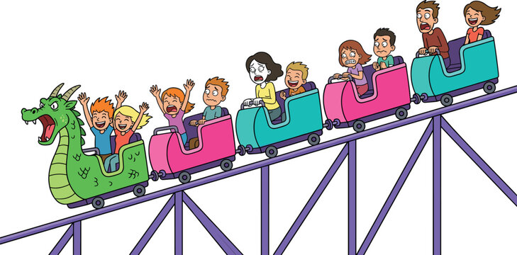 Amusement Park Dragon Roller Coaster Ride Vector Featuring Cartoon Passengers with Diverse Scared Excited and Happy Emotional Expressions on Track