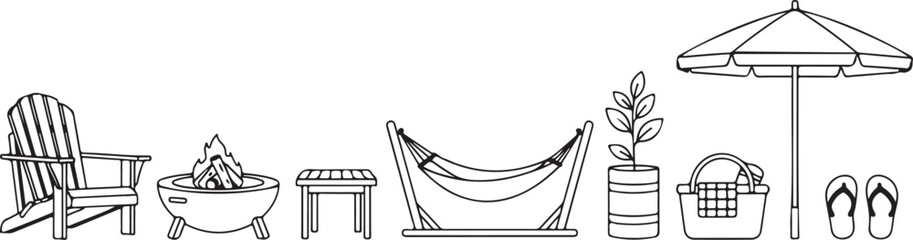 set of Relaxing outdoor patio furniture and accessories set illustration © Nur