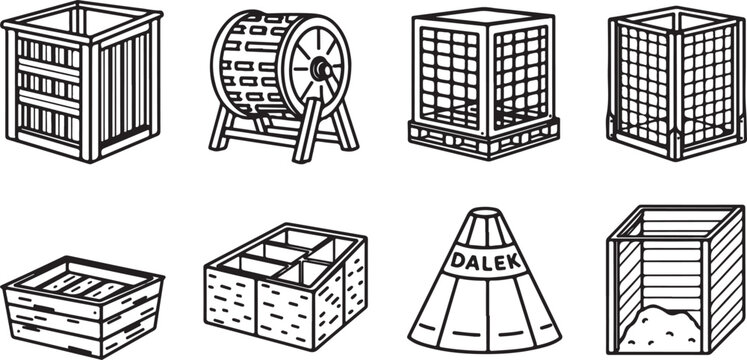 set of Set of wooden crates and storage bins illustration
