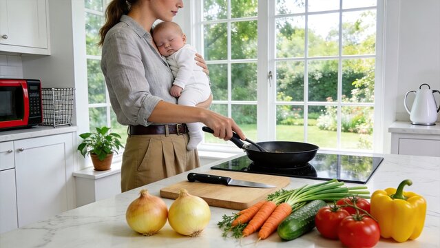 Mother holding sleeping newborn baby while cooking healthy vegetables in frying pan on stove, multitasking parenting concept in bright modern kitchen with fresh ingredients like