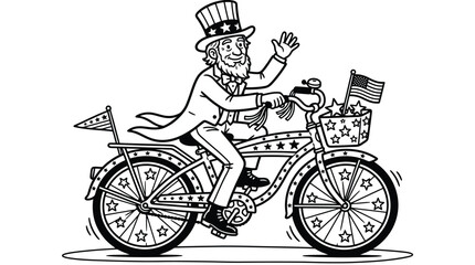 Naklejka premium Uncle Sam rides a decorated bicycle with flags in the wheels while waving his hand at the viewer during a festive holiday celebration day.