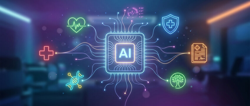 Futuristic AI healthcare visualization with glowing central AI chip labeled &ldquo;AI&rdquo;, connected to medical holographic icons including health data, diagnostics, protection, and wellness systems.