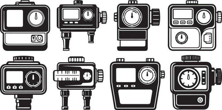 set of Set of eight vintage camera light meters in black and white