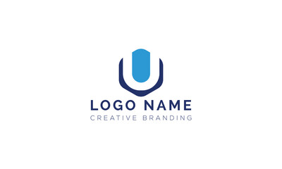 Fototapeta premium Modern letter u logo design with central shield icon in blue abstract identity