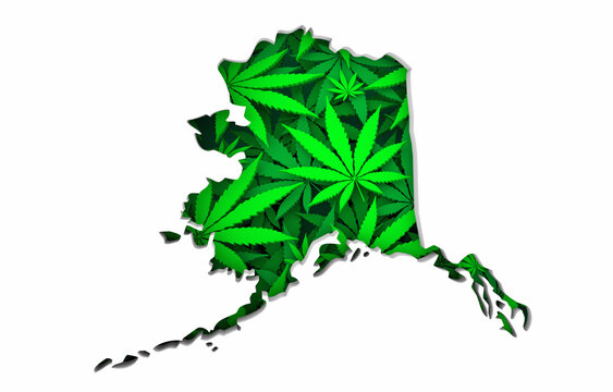 Alaska AK Map Marijuana Pot Leaves State Law CBD THC Pot Cannabis 3d Illustration