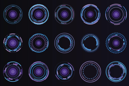 Futuristic sci-fi hud grid with glowing blue and purple circular interfaces