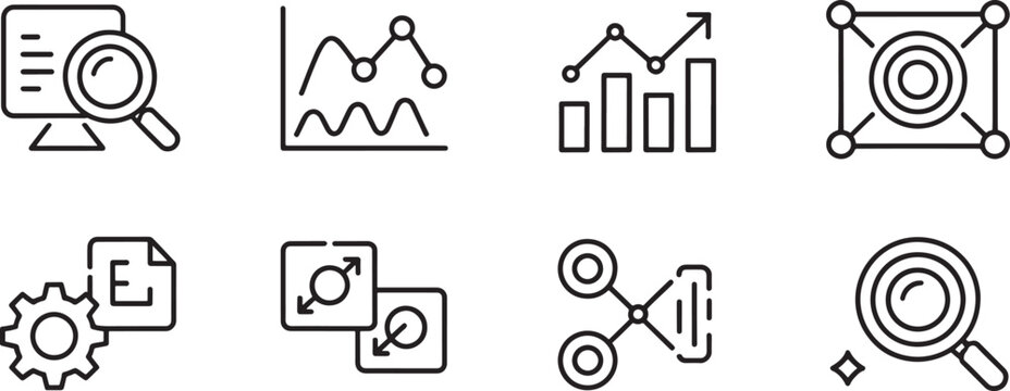 Business Analytics Icons Set with Magnifying Glass Charts, Graphs, Target, and Document Gear Elements in Black Outline Style