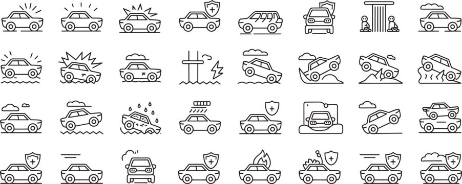 Car Safety Shield Icon with Different Emergency Driving Scenarios Including Fire, Flood, and Accident Hazards