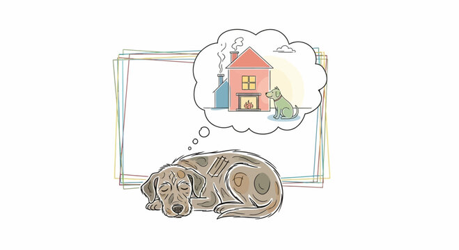 Sleeping dog dreams of cozy home with fireplace and another dog