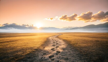 Obraz premium Peaceful Travel Editorial Background Of A Sunset Beach With Human Footprints