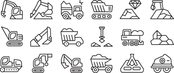 Excavator and Mining Equipment Line Icons Set Featuring Conveyor, Shovel Truck, Crane, and Diamond Symbols © md