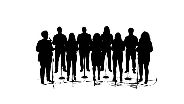 Group of people standing in a line with microphones isolated on transparent background, Vector
