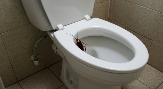 Cockroach inside toilet bowl in bathroom setting - unwanted pest encounter in home environment