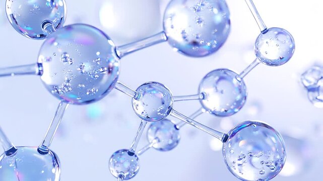 透明なガラス分子がゆっくりと連結しながら浮遊する先進バイオテクノロジーイメージ。再生医療、エクソソーム、幹細胞研究、ナノテクノロジー、創薬開発を連想させる未来的な分子ネットワーク。青と紫のホログラフィックな輝きが広がる高級感あるサイエンス背景動画素材。ジェネレーティブAI