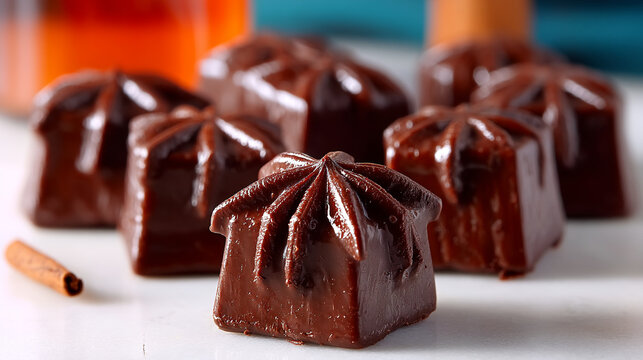 Gourmet dark chocolate truffles with star shape pattern and cinnamon stick, cinnamon spice
