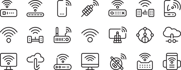 Wifi and Wireless Network Connectivity Icons Set with Routers, Smartphones, Data Signals and Devices in Line Style © md