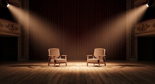 Two chairs on stage placed in the spotlight against a dark red theater curtain ready for an interview talk show or a dramatic performance set design