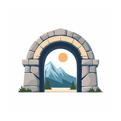 Fototapeta premium Stone archway framing a mountain landscape with sun and trees