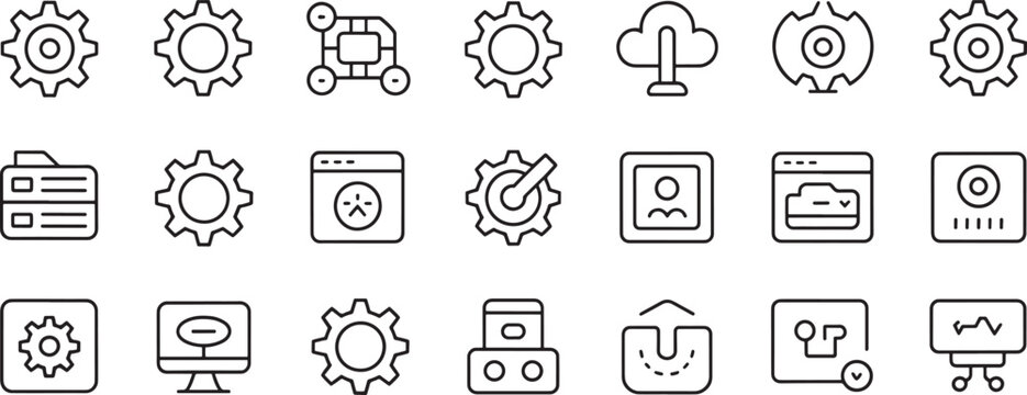 Engineering Technology Icons Set with Gear, Settings, Devices, Monitor, Network, Security and Automation Line Symbols
