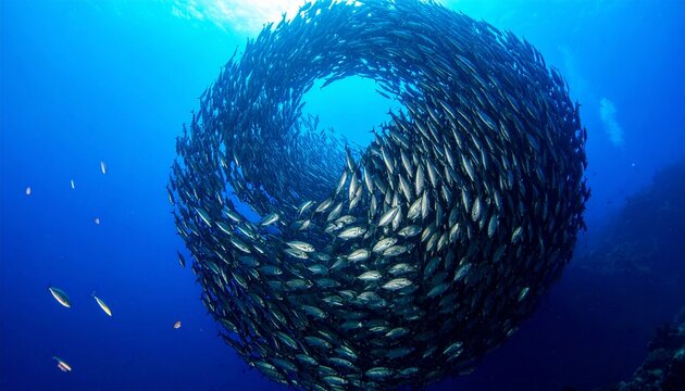 Large school of fish form a sphere underwater near the surface