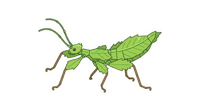 Walking leaf nymph vector illustration, young leaf insect, flat design, simple geometric style, isolated on white background