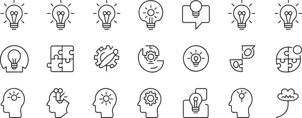 Obraz premium Idea Light Bulb with Jigsaw Puzzle Pieces and Gears in Speech Bubble Icon Set for Creativity and Problem Solving
